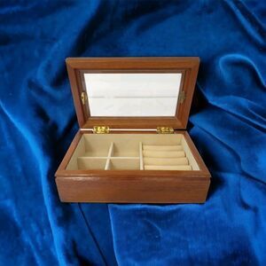 Vintage Jewelry Box Etched Glass Top Wood Tab Velvet Lined 80s 90s Hinge Dresser